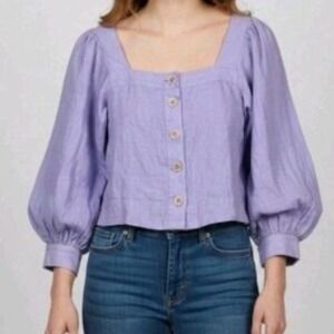J Crew Womens 100% Linen Button Up Top Size S Balloon Sleeve Lilac Cottagecore